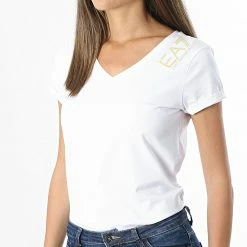 Coupon 👏 Tee 👚 Shirt Femme Col V 3KTT14-TJ29Z Blanc Doré de EA7 Emporio Armani 🎉