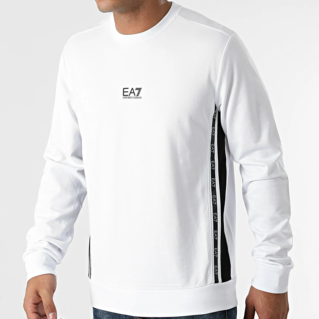 Bon marché 🎉 Sweat Crewneck A Bandes 6KPM66-PJ05Z Blanc de EA7 Emporio Armani 🎁