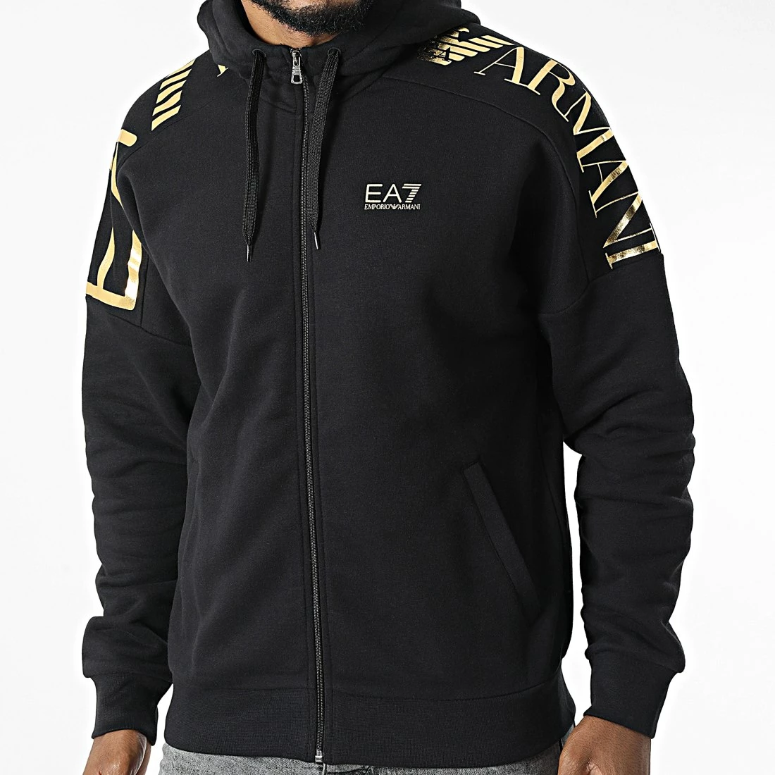 De gros 🔔 Sweat Zippé Capuche 6LPM56-PJHLZ Noir Doré de EA7 Emporio Armani 🎉