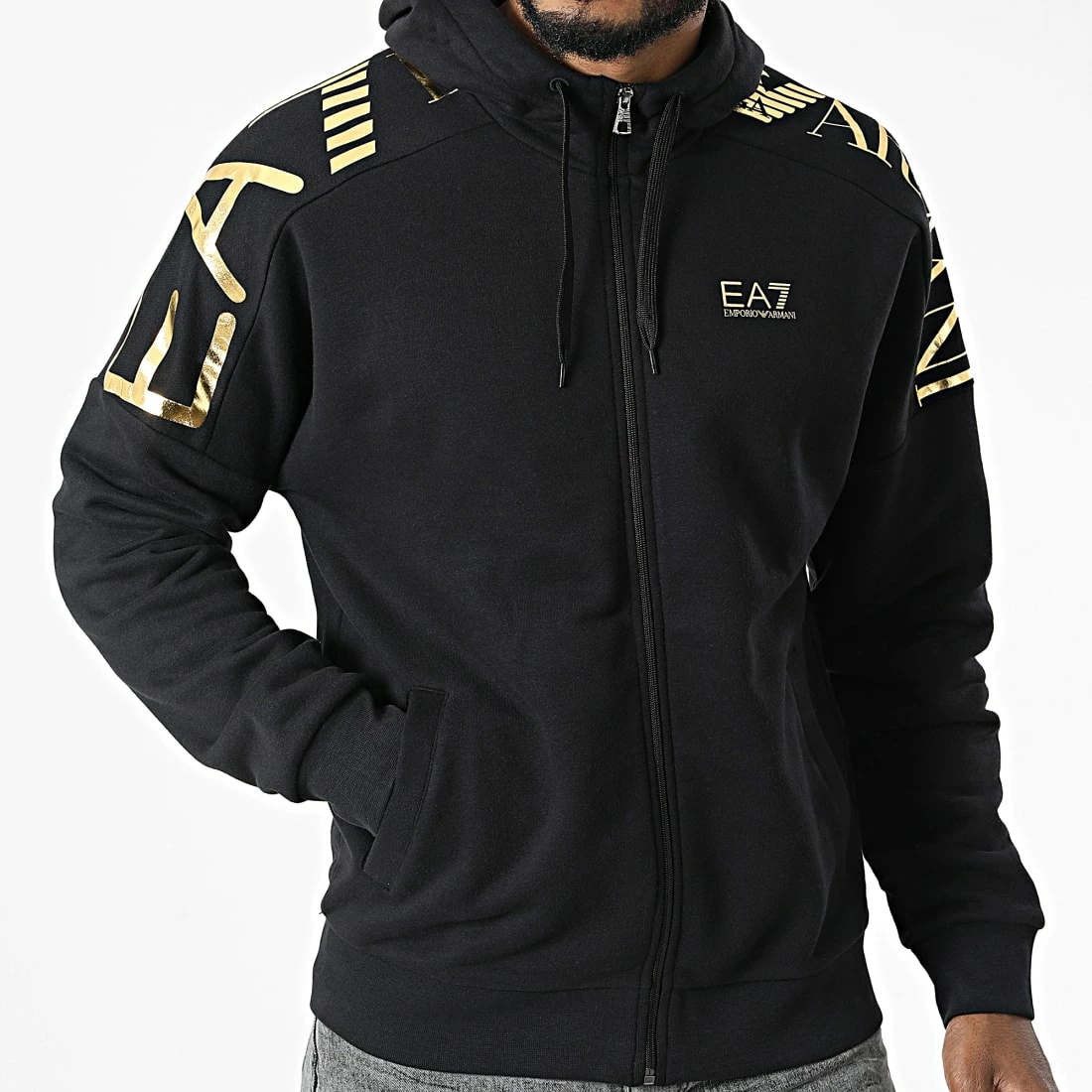 De gros 🔔 Sweat Zippé Capuche 6LPM56-PJHLZ Noir Doré de EA7 Emporio Armani 🎉 – Image 3