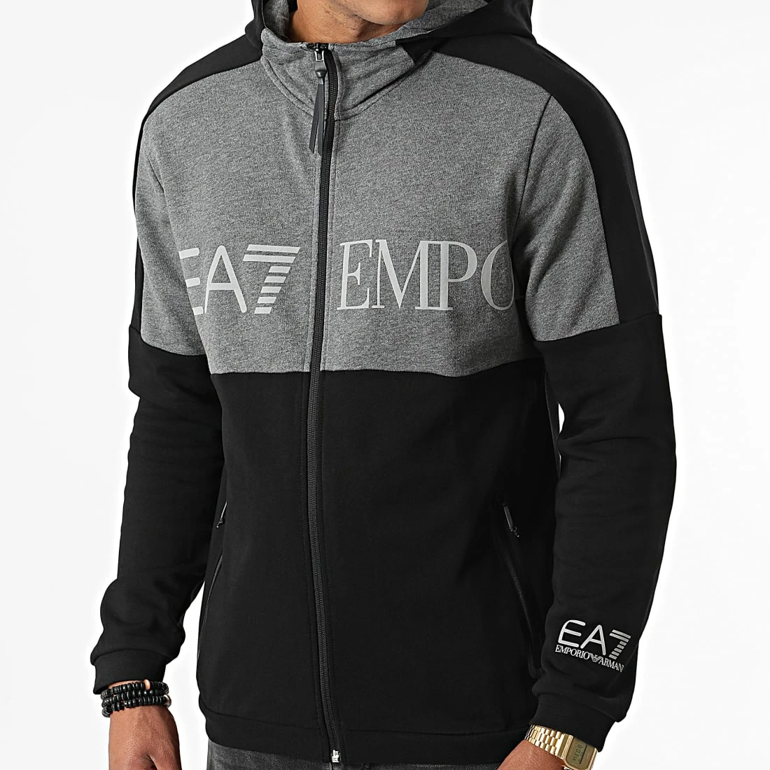 Meilleure affaire 🌟 Sweat Zippé Capuche Réfléchissant 6LPM18-PJEQZ Noir Gris Chiné de EA7 Emporio Armani 🥰