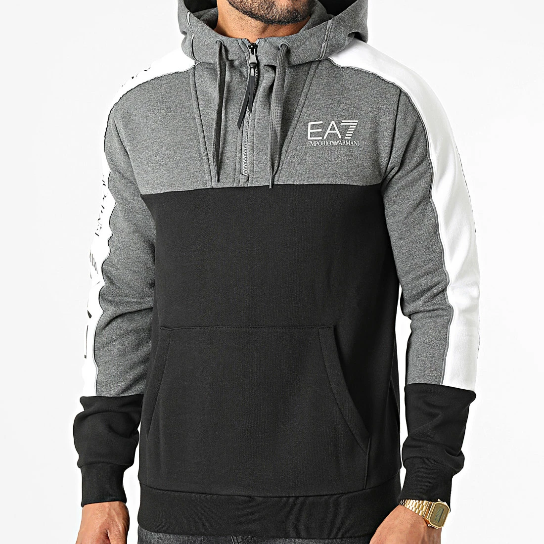 Bon marché 🎁 Sweat Zippé Capuche 6LPM15-PJ07Z Noir Gris Chiné Blanc Réfléchissant de EA7 Emporio Armani 🧨