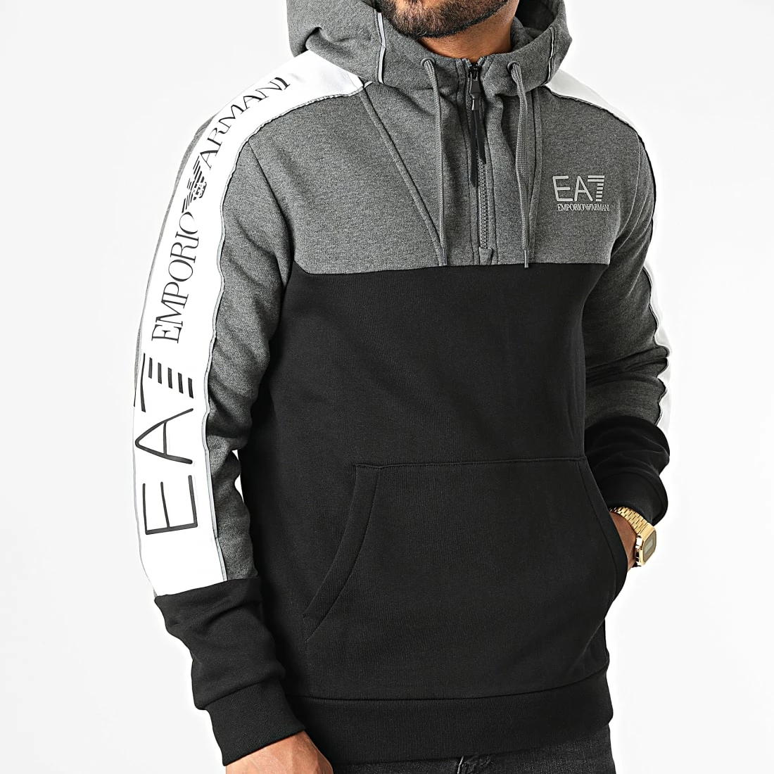 Bon marché 🎁 Sweat Zippé Capuche 6LPM15-PJ07Z Noir Gris Chiné Blanc Réfléchissant de EA7 Emporio Armani 🧨 – Image 3