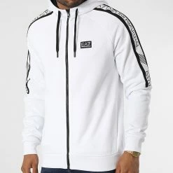 Remise 🧨 Sweat Capuche Zippé A Bandes 6LPMAC Blanc de EA7 Emporio Armani 💯