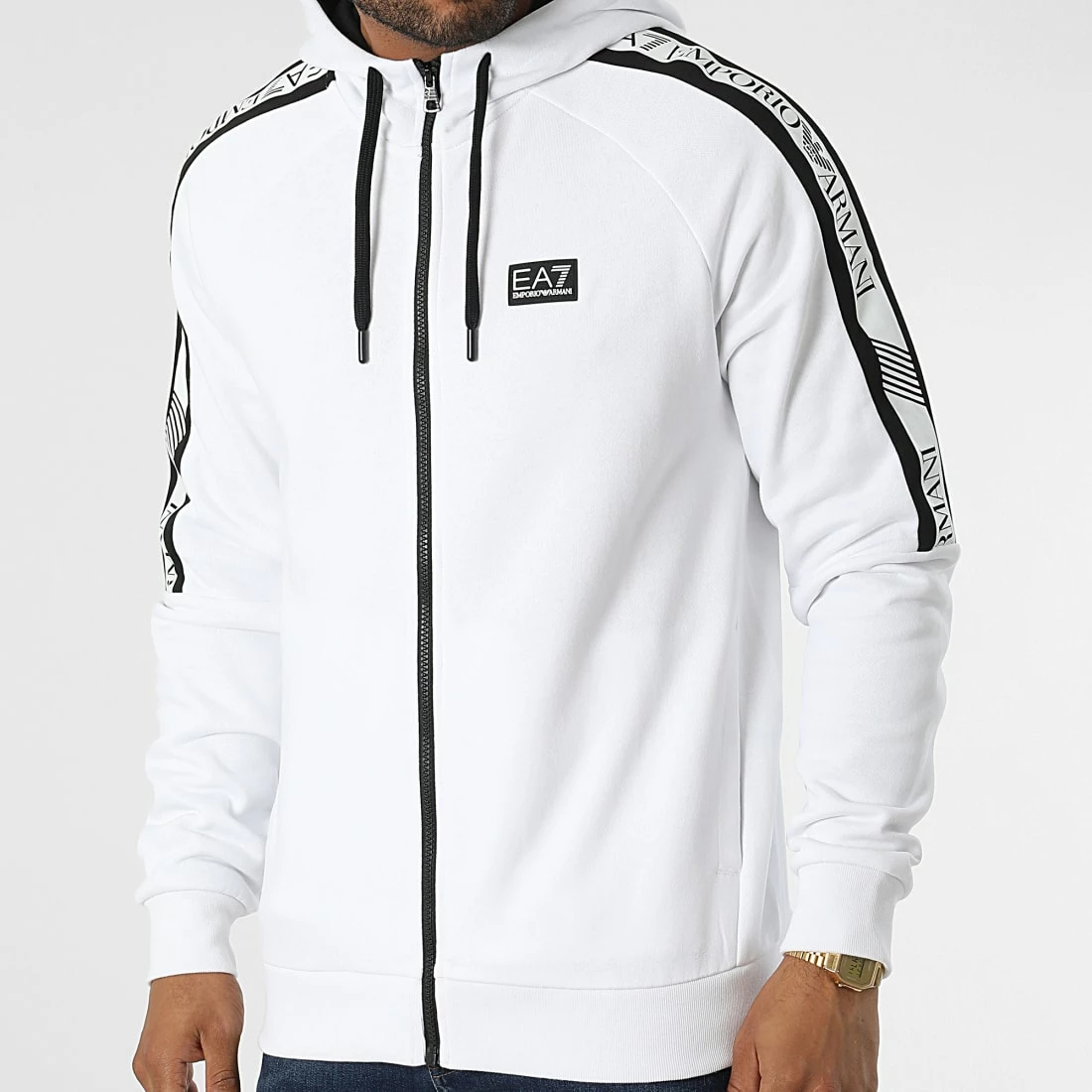 Remise 🧨 Sweat Capuche Zippé A Bandes 6LPMAC Blanc de EA7 Emporio Armani 💯