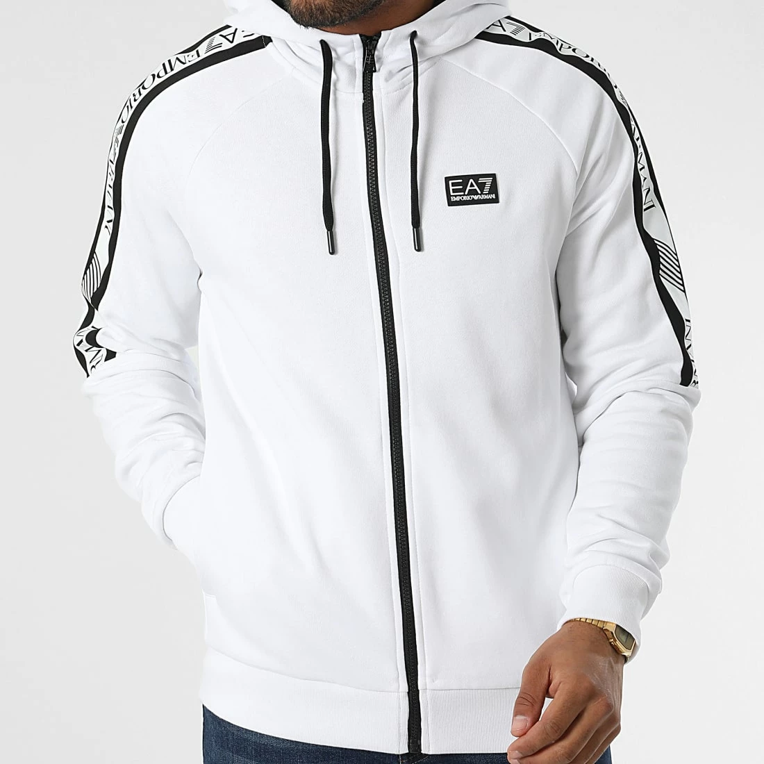 Remise 🧨 Sweat Capuche Zippé A Bandes 6LPMAC Blanc de EA7 Emporio Armani 💯 – Image 3