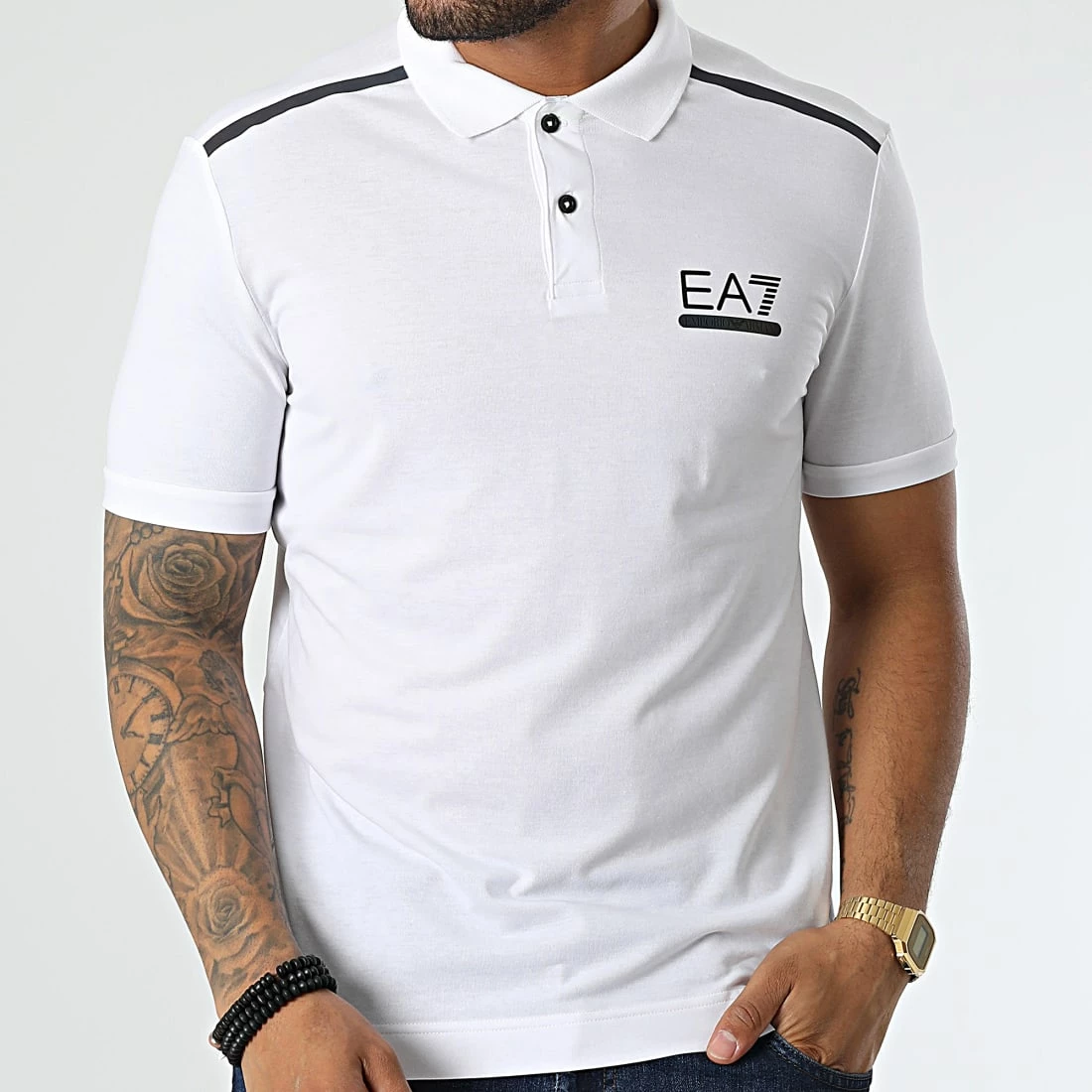 Nouveau ✨ Polo Manches Courtes A Bandes 6LPF04-PJAMZ Blanc Réfléchissant Iridescent de EA7 Emporio Armani 😍