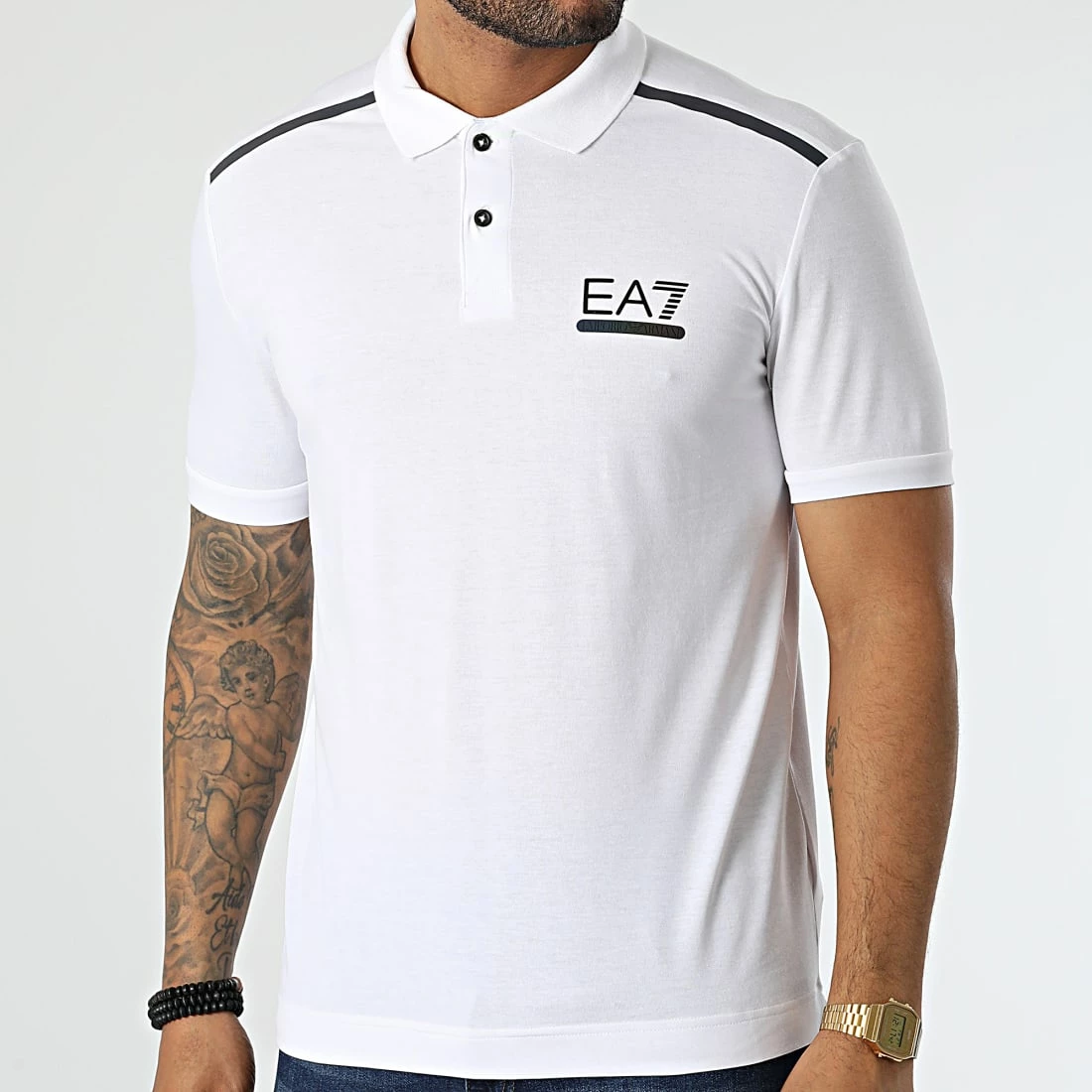 Nouveau ✨ Polo Manches Courtes A Bandes 6LPF04-PJAMZ Blanc Réfléchissant Iridescent de EA7 Emporio Armani 😍 – Image 3